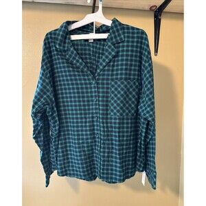 Auden Women's Flannel Check L/S Pajama Short Set Green/Black Pocket Size XXL NWT